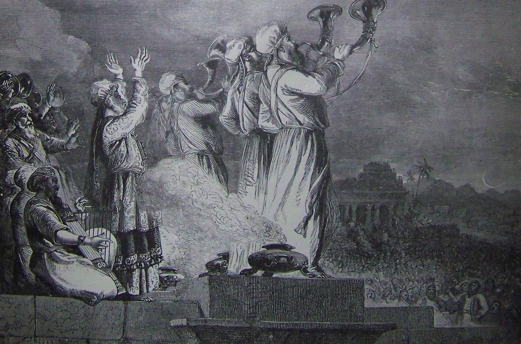 Blowing the Trumpet at the Feast of the New Moon (illustration from the 1890 Holman Bible)