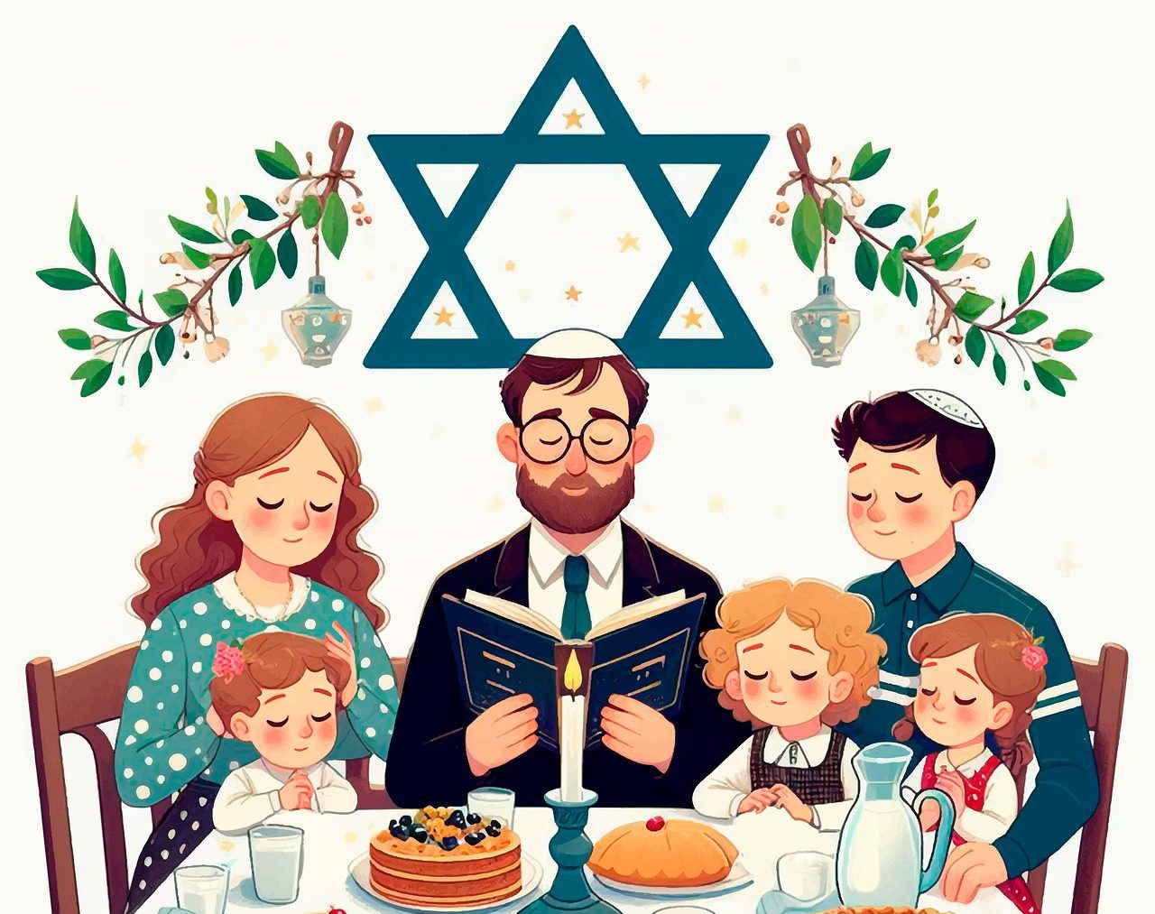 Eine jüdische Familie feiert Shawuot am Essenstisch