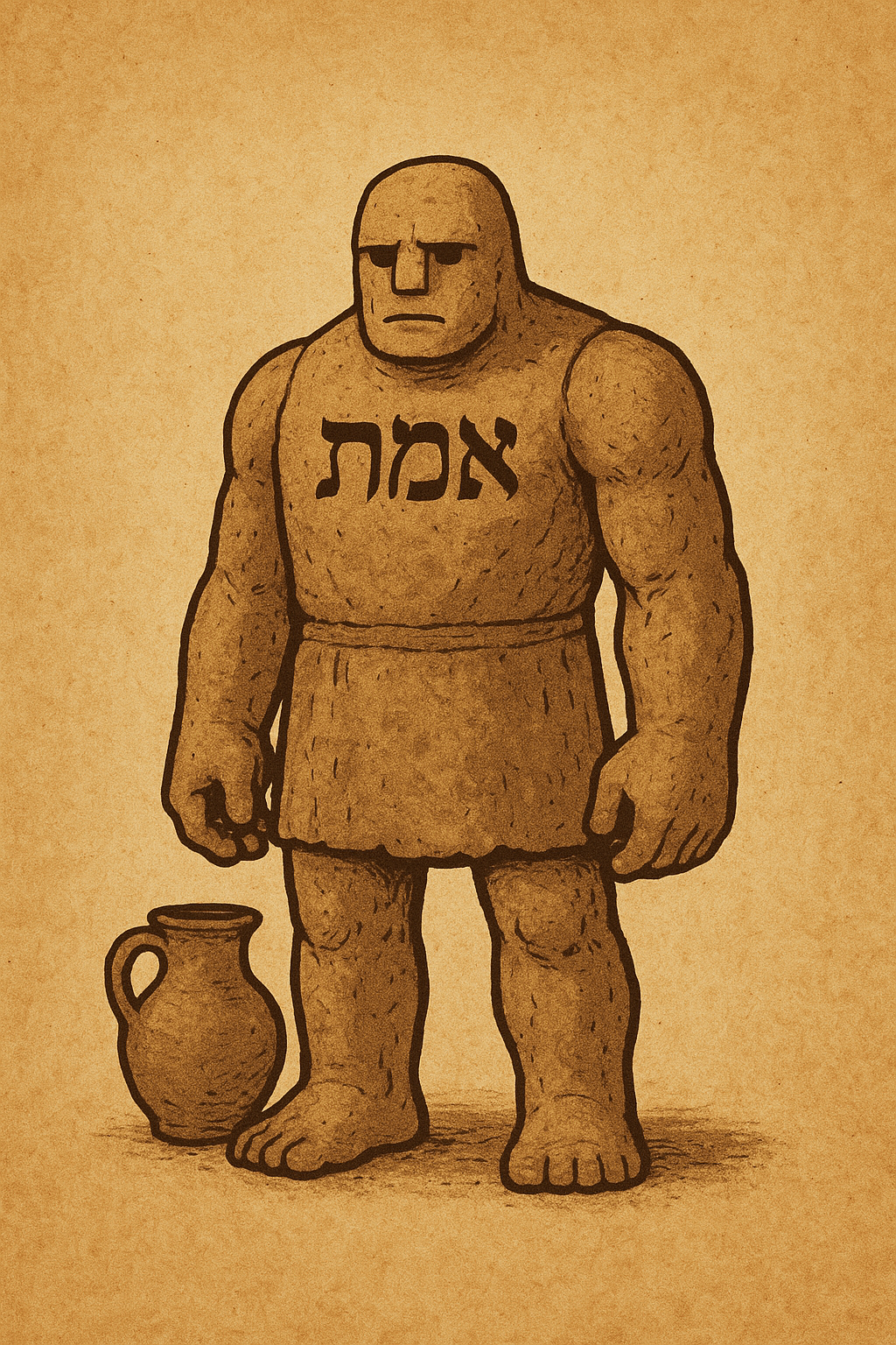 KI erstelltes Bild des Golems mit der hebräischen Ünbersetzung des Wortes Wahrheit auf der Brust