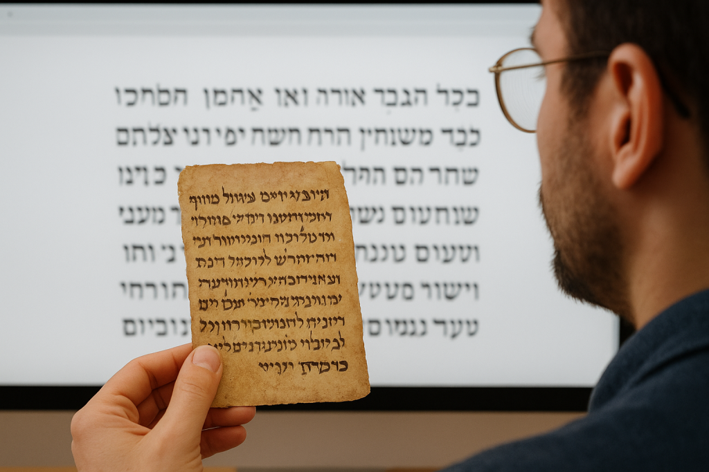 Mann vor Skript mit hebräischer Schrift