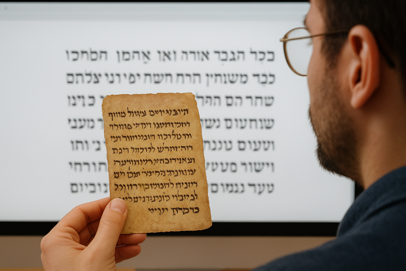 Mann vor Skript mit hebräischer Schrift