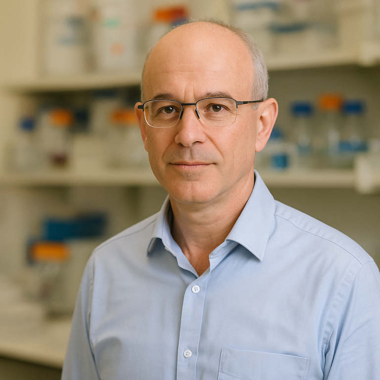 Mann vor einem Regal mit Reagenzgläsern