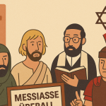 Flache, warmtonige Cartoon-Illustration mit vier Figuren aus einer antiken jüdischen und römischen Umgebung: ein vermummter Zelot, Brian in heller Tunika, ein jüdischer Gelehrter mit Buch sowie ein römischer Soldat mit Helm und rotem Helmbusch. Im Hintergrund ein bogenförmiges Mauerfragment und ein Davidstern.