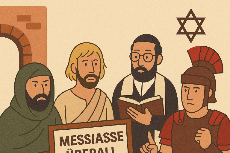 Flache, warmtonige Cartoon-Illustration mit vier Figuren aus einer antiken jüdischen und römischen Umgebung: ein vermummter Zelot, Brian in heller Tunika, ein jüdischer Gelehrter mit Buch sowie ein römischer Soldat mit Helm und rotem Helmbusch. Im Hintergrund ein bogenförmiges Mauerfragment und ein Davidstern.