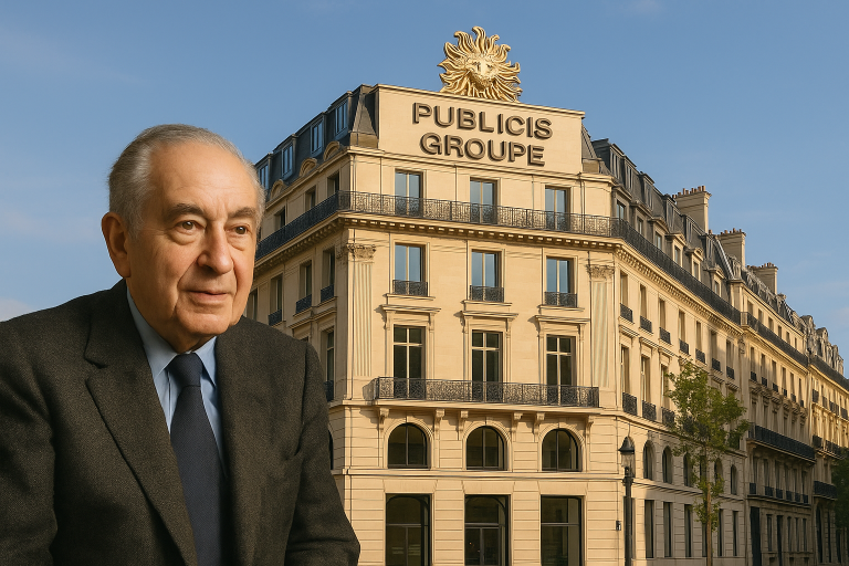 Ein Mann vor einem Haus mit der Aufschrift Publicis