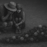 schwaz/weiß Bild mit trauernden Personen