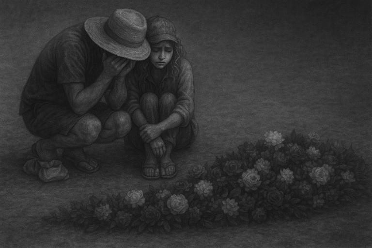 schwaz/weiß Bild mit trauernden Personen