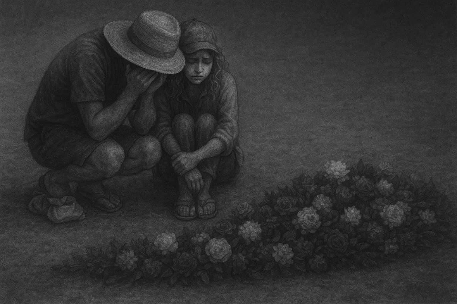 schwaz/weiß Bild mit trauernden Personen