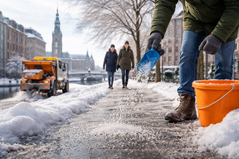 Hamburg im Schnee mit einem orangen Räumfahrzeug