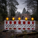 Absprerrung vor einem Einagngstor zum Friedhof in Abendstimmung
