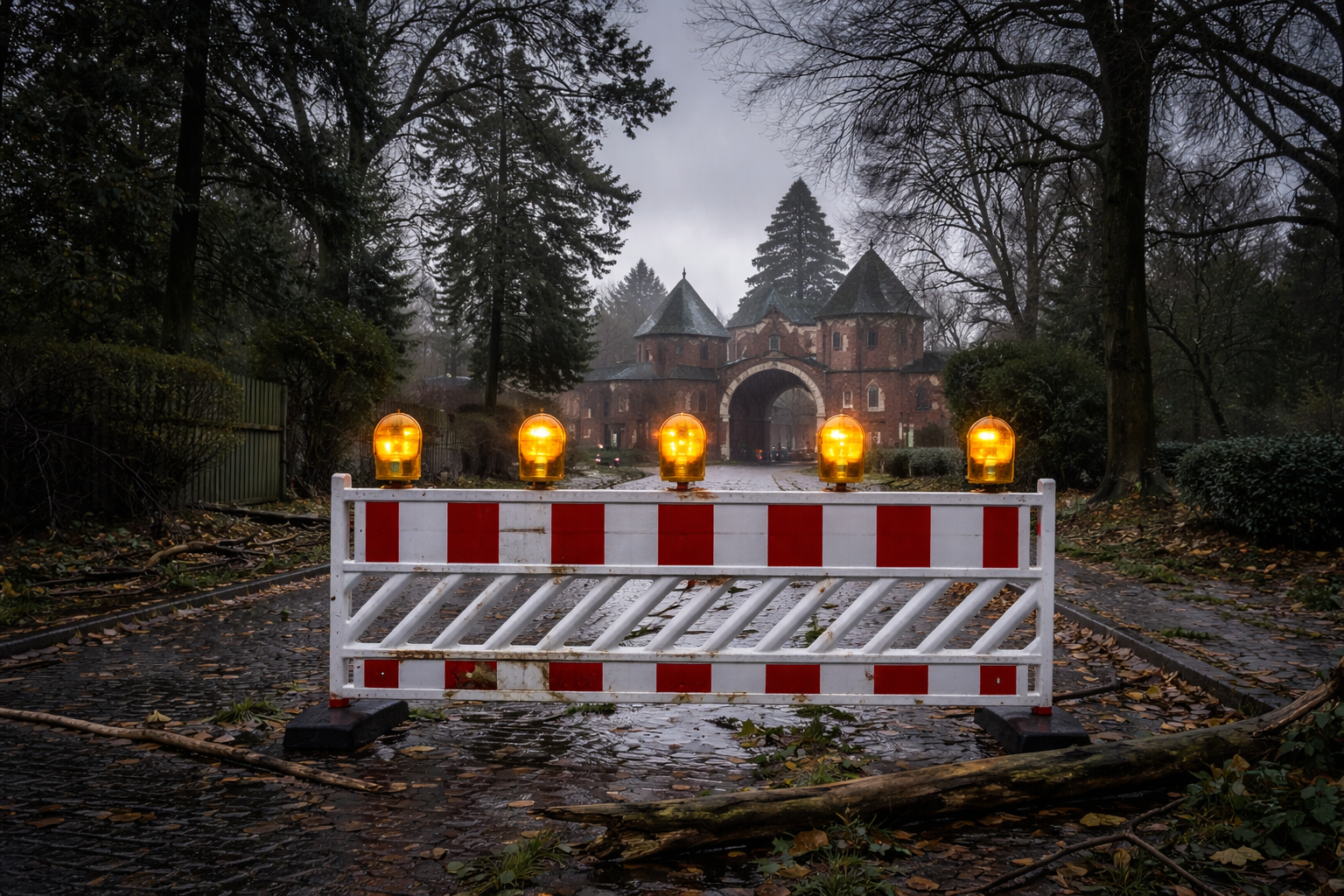Absprerrung vor einem Einagngstor zum Friedhof in Abendstimmung