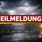 Warndreieck vor einem Gebäufe mit schlechtem Wetter und dem Schriftzug Eilmeldung