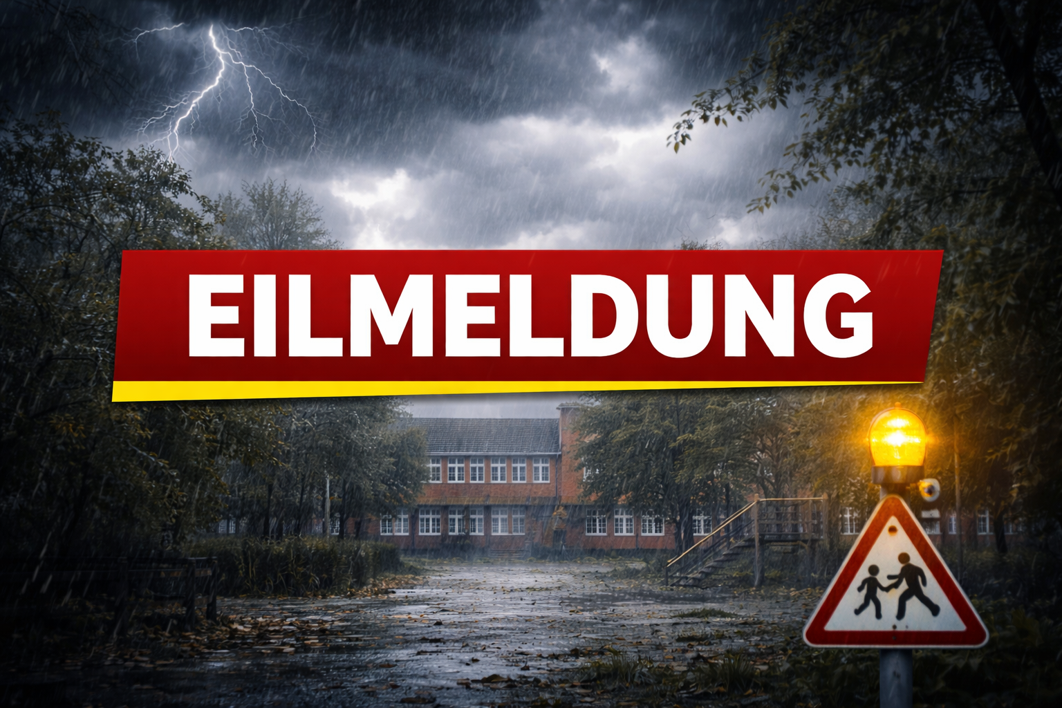 Warndreieck vor einem Gebäufe mit schlechtem Wetter und dem Schriftzug Eilmeldung