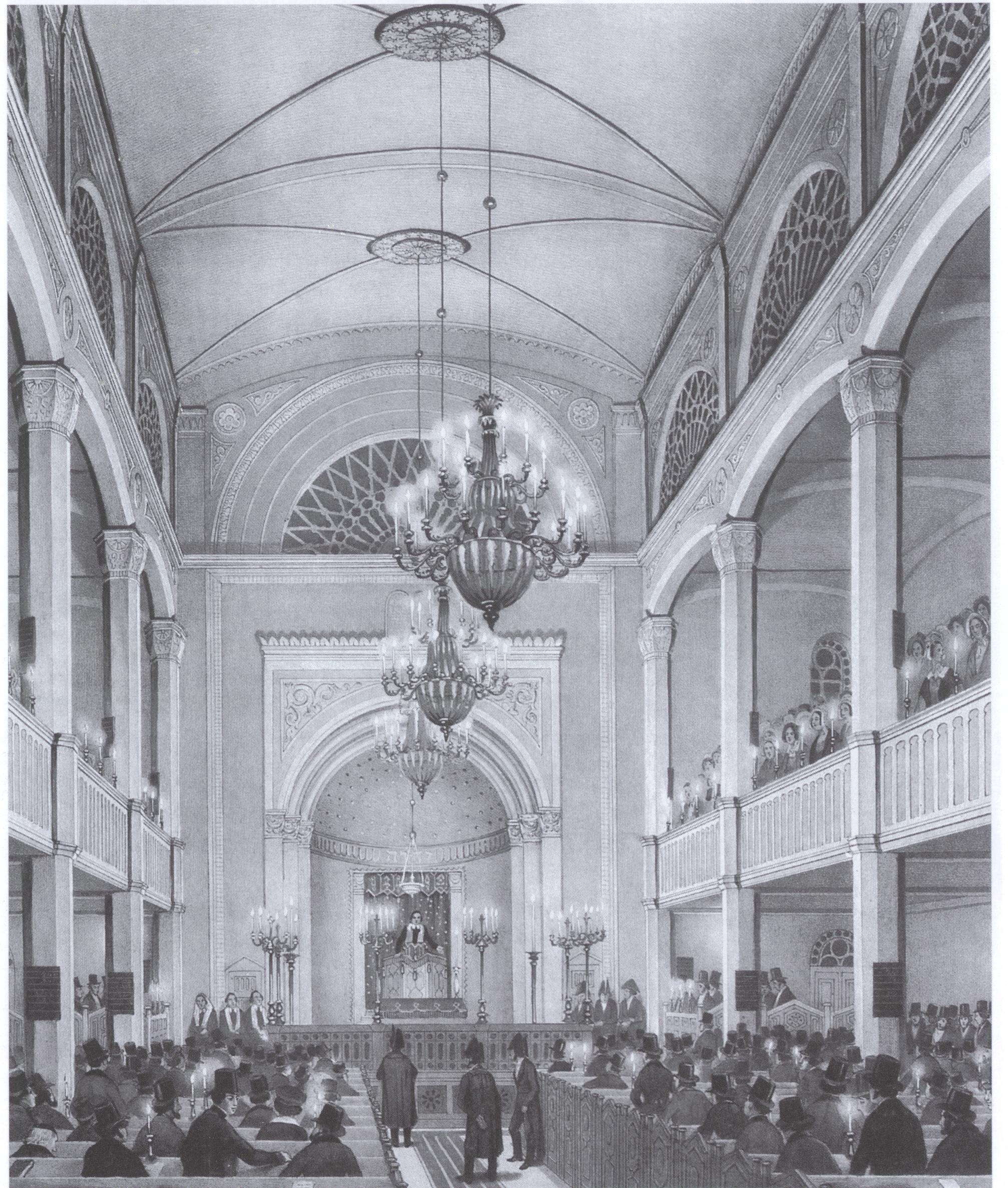 Ein schwarz/weiß Bild vom Innenraum des Israelitischen Tempels in der Poolstraße Hamburg