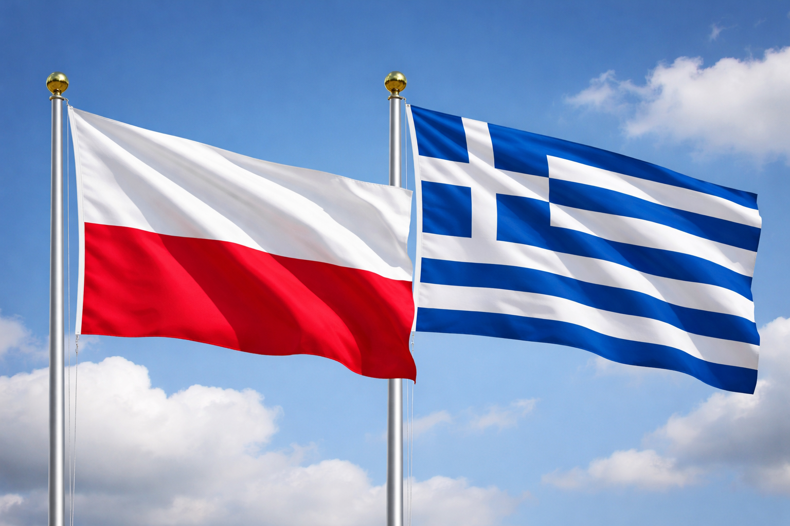 Polnische und griechische Flagge im Wind