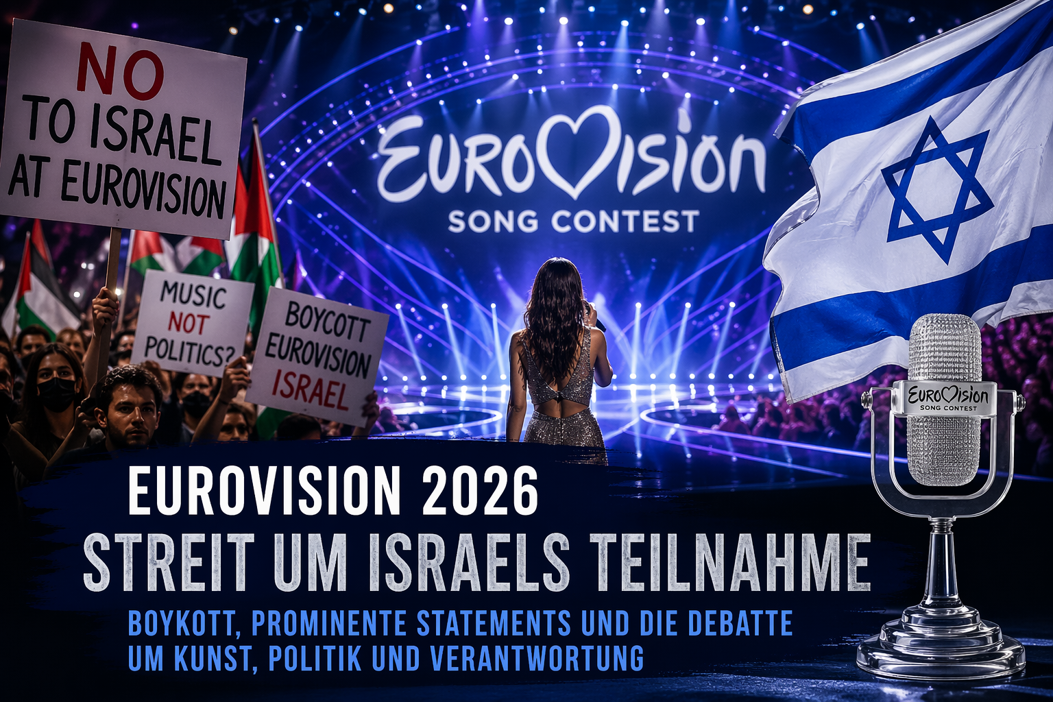 Eine Sängerin auf der Eurovision Bühne mit einer Israelfahne