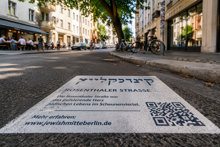 Die Rosenthlaer Straße mit einem Auszug des Textes über die Straße und dem Yiddishen Namen