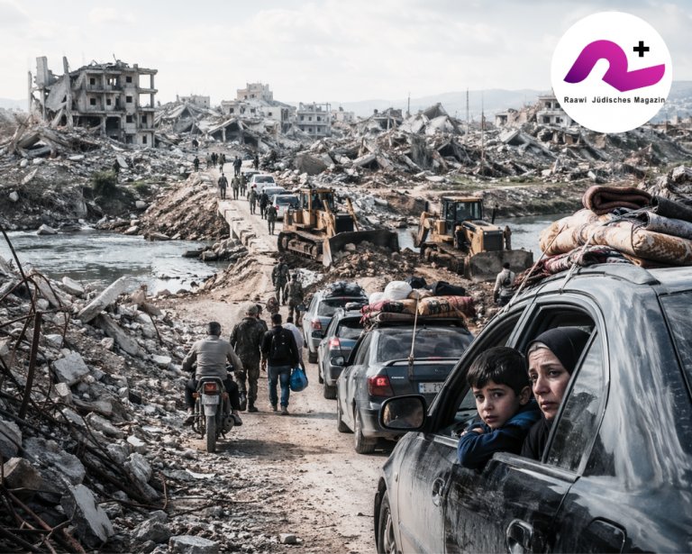 Familie in einem Auto schaut aus dem Fenster - vor ihnen befindet sich eine zerbombte Stadt