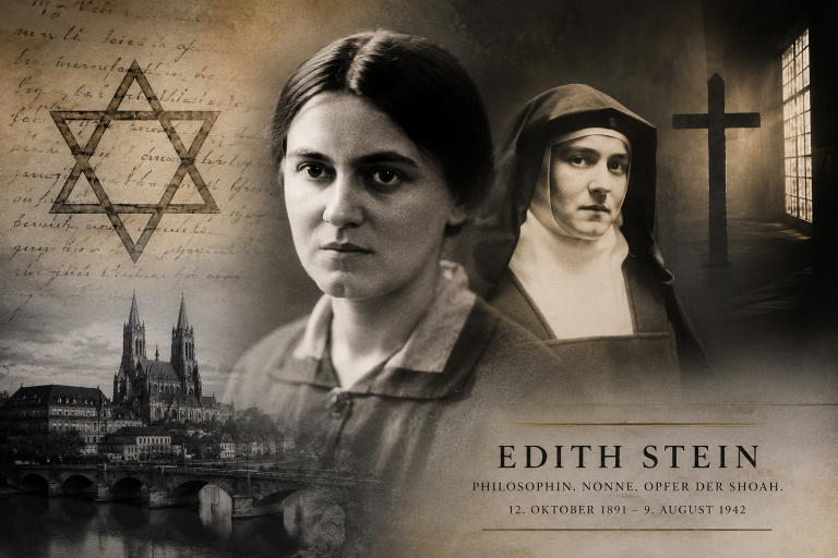Historische Collage über Edith Stein mit Porträts der Philosophin als junge Frau und als Nonne, kombiniert mit Davidstern, Kreuz, historischen Stadtansichten und Gleisen des Konzentrationslagers Auschwitz als Symbol für Verfolgung und Holocaust.