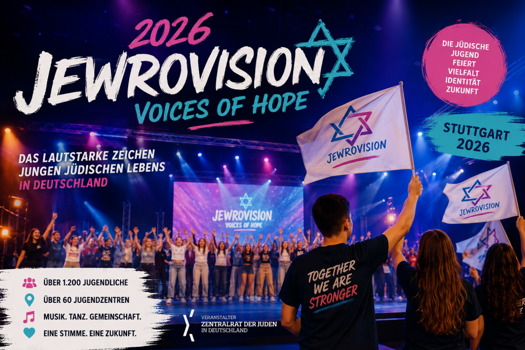 Bunte Event-Collage zur Jewrovision 2026 mit jubelnden Jugendlichen auf einer beleuchteten Bühne in Stuttgart, Jewrovision-Flaggen, Konzertatmosphäre und dem Motto „Voices of Hope“ als Symbol für junges jüdisches Leben in Deutschland.