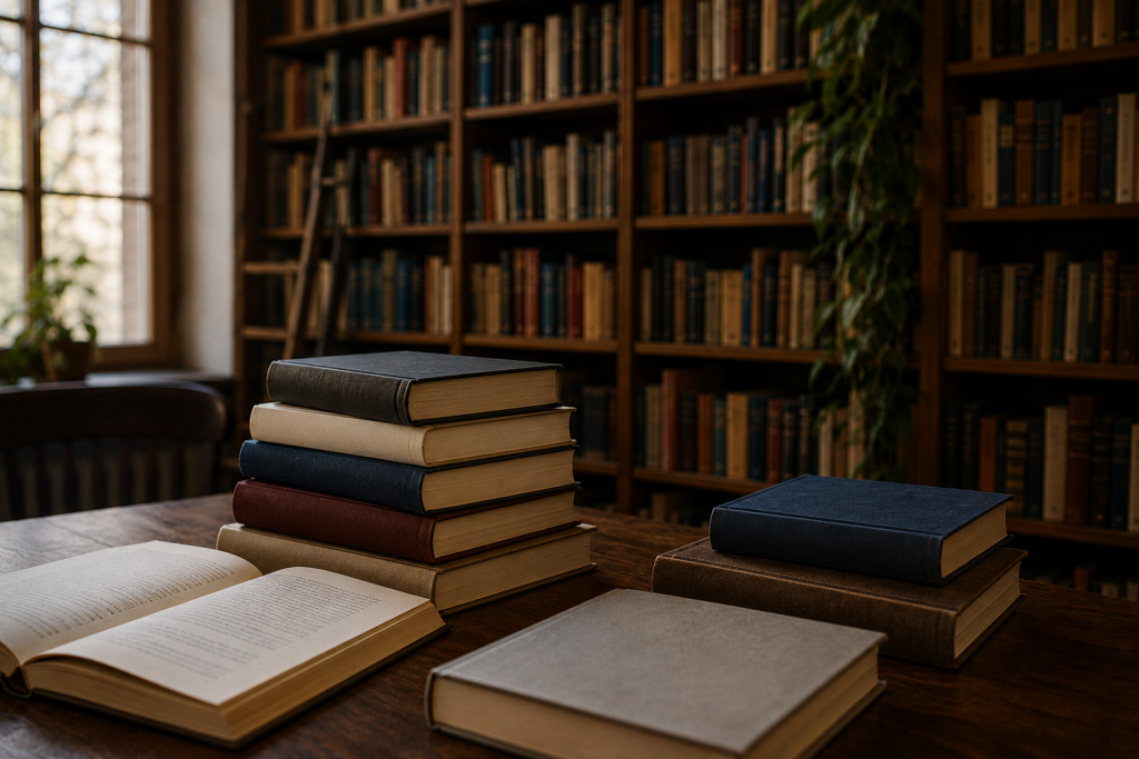 Mehrere aufgeschlagene und gestapelte Bücher liegen auf einem Holztisch in einer warm beleuchteten Bibliothek. Im Hintergrund stehen hohe Bücherregale voller Bücher, während Tageslicht durch ein Fenster fällt und eine ruhige, literarische Atmosphäre erzeugt.