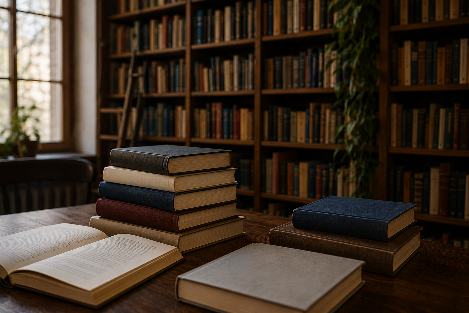 Mehrere aufgeschlagene und gestapelte Bücher liegen auf einem Holztisch in einer warm beleuchteten Bibliothek. Im Hintergrund stehen hohe Bücherregale voller Bücher, während Tageslicht durch ein Fenster fällt und eine ruhige, literarische Atmosphäre erzeugt.