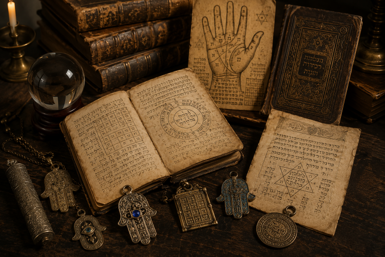 Historische jüdische Amulette, Wahrsagebücher und mystische Objekte in einer Ausstellung über jüdischen Okkultismus und Volksmystik in New York.