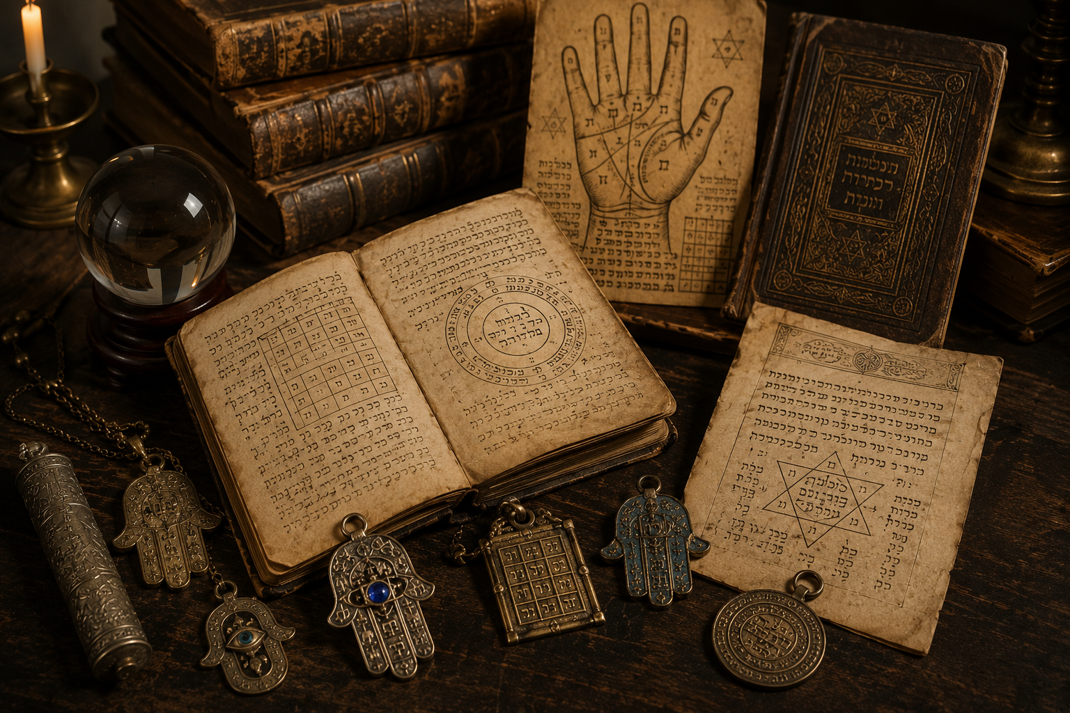 Historische jüdische Amulette, Wahrsagebücher und mystische Objekte in einer Ausstellung über jüdischen Okkultismus und Volksmystik in New York.