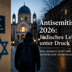 Dämmerung in einer deutschen Stadt: Eine Person mit Rucksack geht auf eine beleuchtete Synagoge zu; links ist ein Davidstern auf eine Wand gesprüht, darüber ein Schild mit der Aufschrift „Jüdisches Leben gehört zu Deutschland“, rechts im Bild steht der Titel „Antisemitismus 2026: Jüdisches Leben unter Druck“, oben rechts ein großes Plus-Symbol für einen kostenpflichtigen Artikel.
