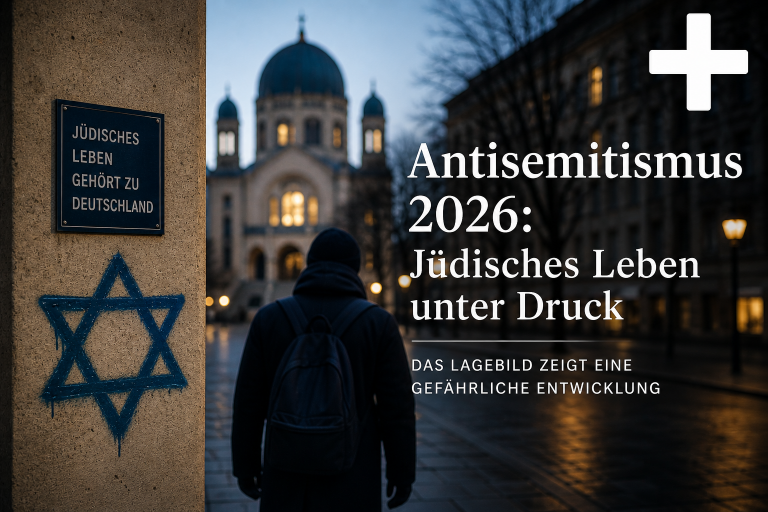 Dämmerung in einer deutschen Stadt: Eine Person mit Rucksack geht auf eine beleuchtete Synagoge zu; links ist ein Davidstern auf eine Wand gesprüht, darüber ein Schild mit der Aufschrift „Jüdisches Leben gehört zu Deutschland“, rechts im Bild steht der Titel „Antisemitismus 2026: Jüdisches Leben unter Druck“, oben rechts ein großes Plus-Symbol für einen kostenpflichtigen Artikel.