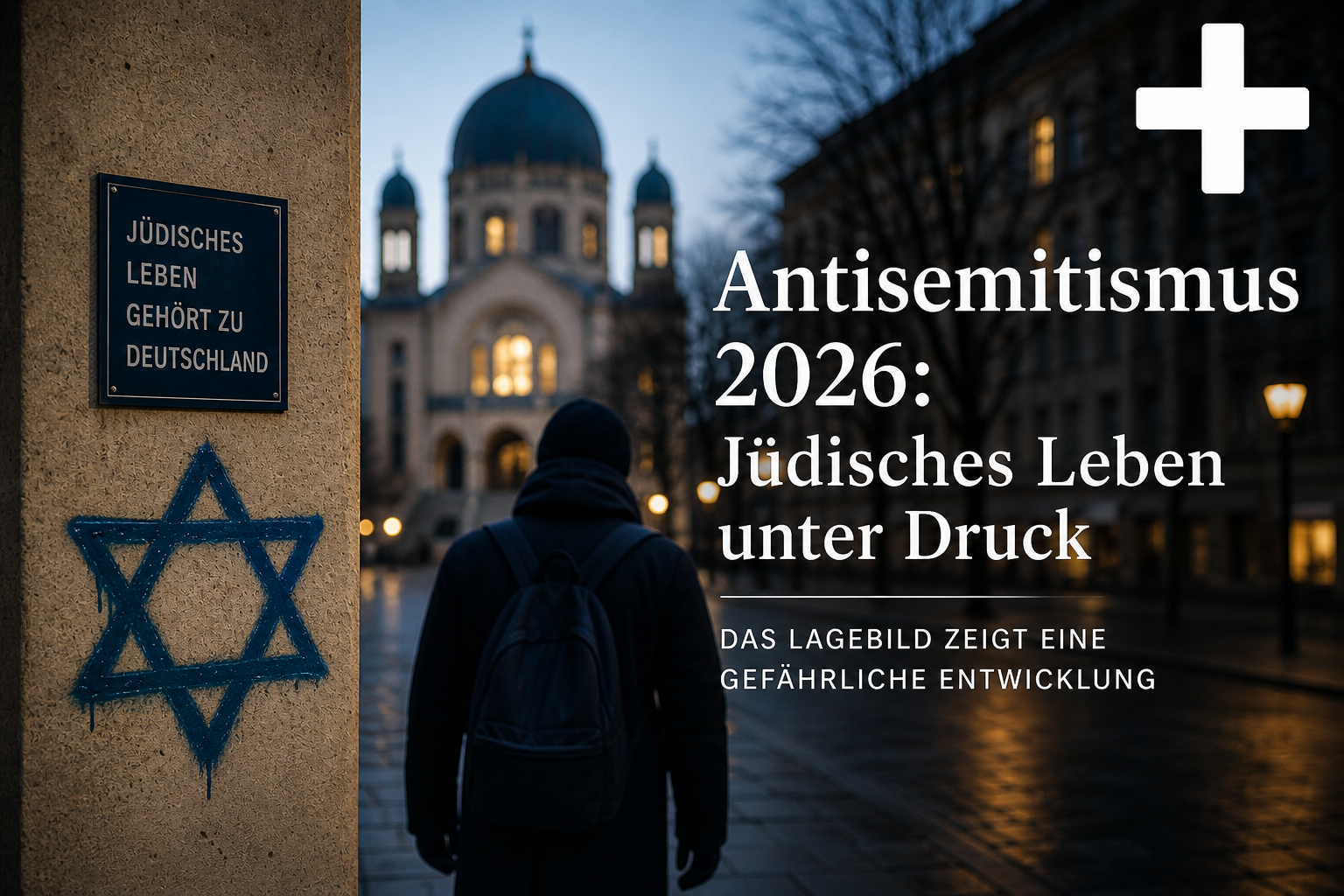 Dämmerung in einer deutschen Stadt: Eine Person mit Rucksack geht auf eine beleuchtete Synagoge zu; links ist ein Davidstern auf eine Wand gesprüht, darüber ein Schild mit der Aufschrift „Jüdisches Leben gehört zu Deutschland“, rechts im Bild steht der Titel „Antisemitismus 2026: Jüdisches Leben unter Druck“, oben rechts ein großes Plus-Symbol für einen kostenpflichtigen Artikel.