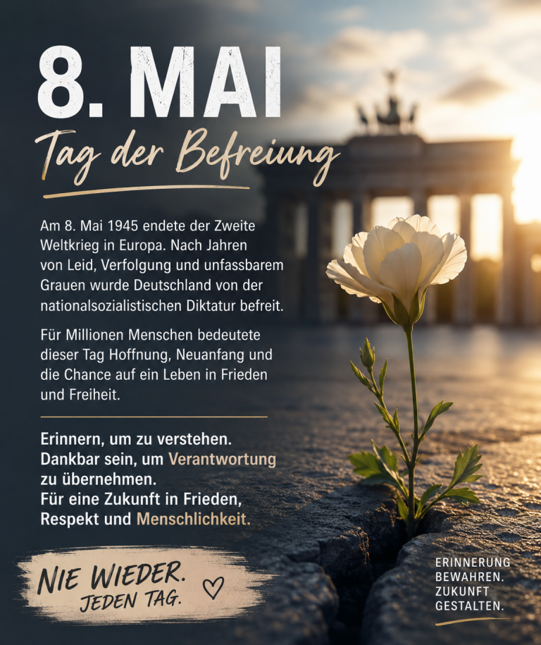 Grafik zum 8. Mai – Tag der Befreiung. Vor dem unscharfen Hintergrund des Brandenburger Tors wächst eine weiße Blume aus einem Riss im Boden. Warme Abendsonne beleuchtet die Szene und symbolisiert Hoffnung, Erinnerung und Neubeginn nach dem Ende des Nationalsozialismus. Links steht ein Text zum Tag der Befreiung und zur Verantwortung gegen Hass und Antisemitismus. Unten der Satz: „Nie wieder. Jeden Tag