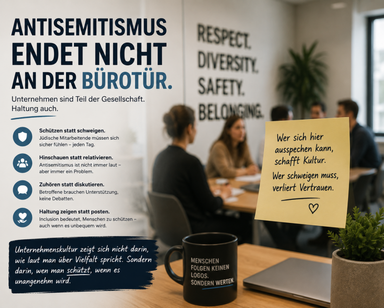 Illustration eines modernen Büros mit mehreren Personen in einer Besprechung. Im Vordergrund stehen Notizzettel, Laptop und Arbeitsmaterialien, während die Atmosphäre angespannt und nachdenklich wirkt. Das Bild thematisiert Antisemitismus am Arbeitsplatz, Unsicherheit im beruflichen Alltag und die Verantwortung von Unternehmen für Vielfalt und Schutz jüdischer Mitarbeitender.