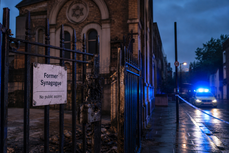Beschädigtes Metalltor vor einem ehemaligen Synagogengebäude in einer Londoner Straße bei Dämmerung, mit sichtbaren Brandspuren am Schloss und Blaulicht eines Polizeifahrzeugs im Hintergrund.