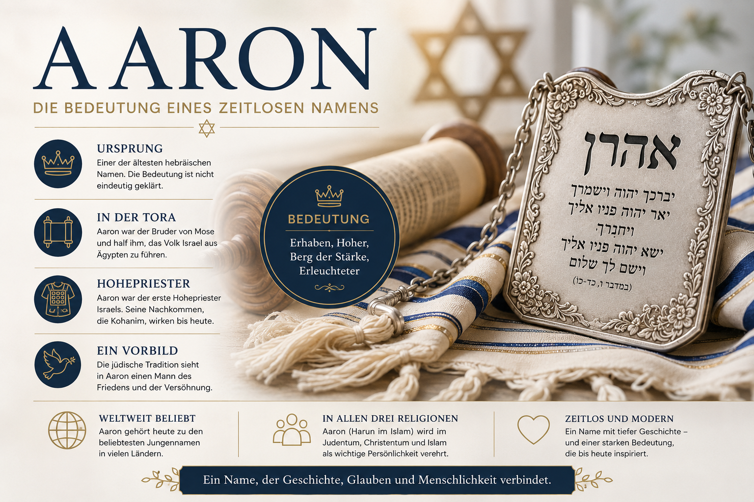 Der biblische Name Aaron in hebräischer Schrift neben Torarolle und Tallit – Symbol für die Herkunft, Bedeutung und Geschichte des ersten Hohepriesters Israels.