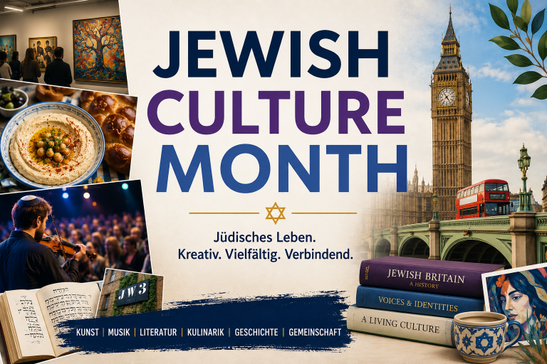 Beitragsbild zum Jewish Culture Month in Großbritannien mit Londoner Wahrzeichen sowie Darstellungen von Kunst, Musik, Literatur und jüdischer Kultur. Das Bild symbolisiert die Vielfalt und Lebendigkeit jüdischen Lebens.