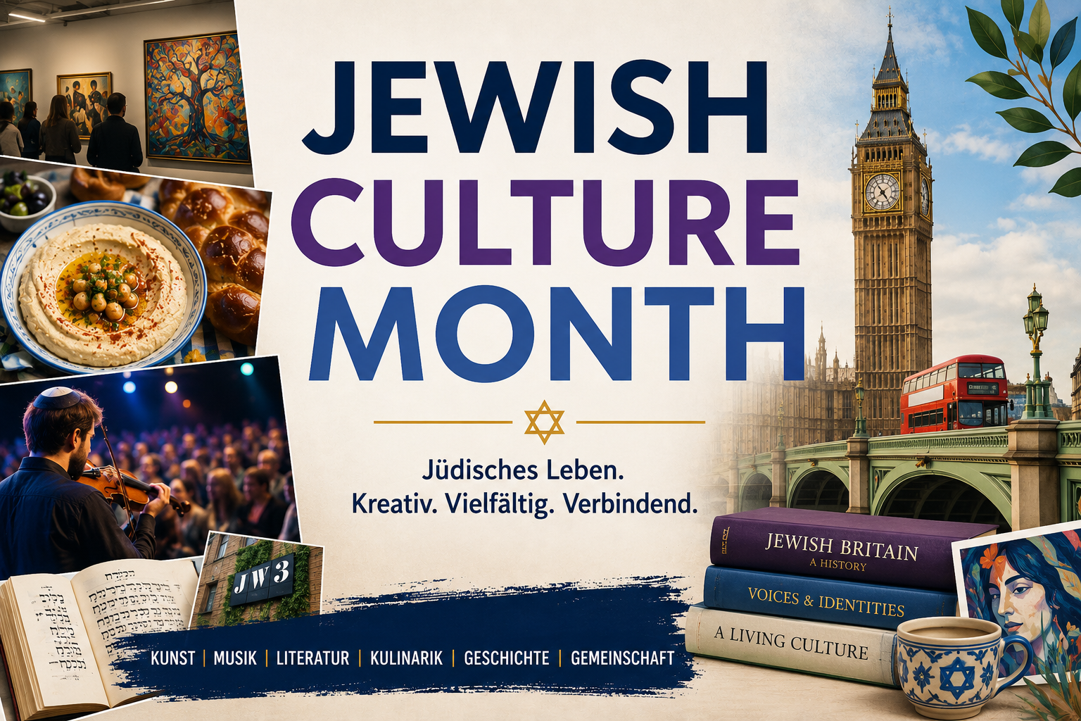 Beitragsbild zum Jewish Culture Month in Großbritannien mit Londoner Wahrzeichen sowie Darstellungen von Kunst, Musik, Literatur und jüdischer Kultur. Das Bild symbolisiert die Vielfalt und Lebendigkeit jüdischen Lebens.