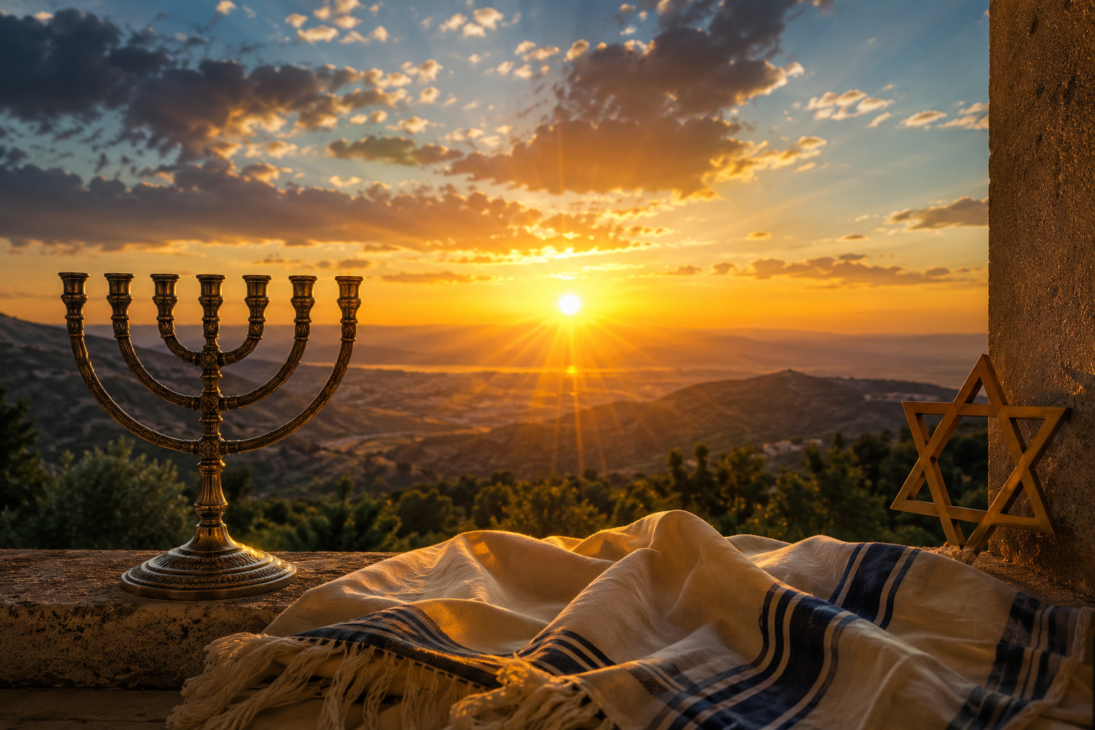 Goldene Sommersonne über einer hügeligen Landschaft, im Vordergrund eine Menora, ein Gebetsschal und ein Davidstern – ein stimmungsvolles Symbol für Licht, Zeit und jüdische Tradition.
