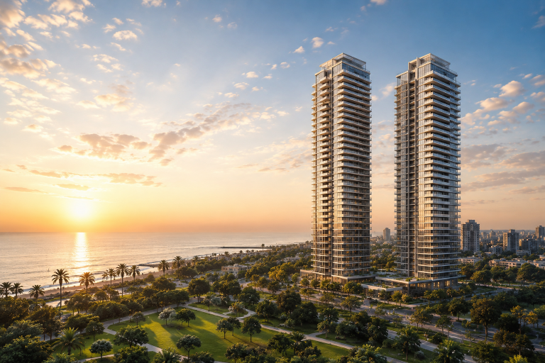 Luxusimmobilien in Herzliya, Israel: Moderne Wohntürme am Mittelmeer mit Parkanlagen und exklusivem Küstenblick, Sinnbild für internationales Premium-Wohnen in Israel.