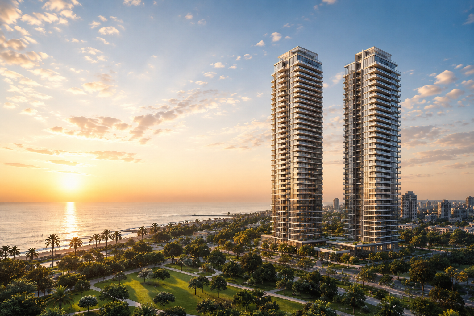 Luxusimmobilien in Herzliya, Israel: Moderne Wohntürme am Mittelmeer mit Parkanlagen und exklusivem Küstenblick, Sinnbild für internationales Premium-Wohnen in Israel.
