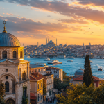 Panorama von Istanbul bei Sonnenuntergang mit Blick über den Bosporus. Im Vordergrund ein historisches Gebäude mit Davidstern auf der Kuppel, im Hintergrund die Skyline der Stadt mit Moscheen, Minaretten und vorbeifahrenden Fähren.