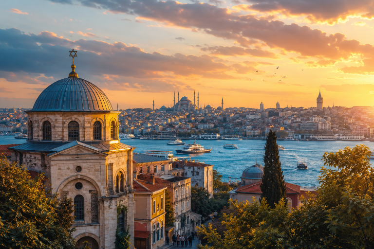 Panorama von Istanbul bei Sonnenuntergang mit Blick über den Bosporus. Im Vordergrund ein historisches Gebäude mit Davidstern auf der Kuppel, im Hintergrund die Skyline der Stadt mit Moscheen, Minaretten und vorbeifahrenden Fähren.
