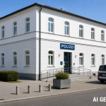 KI-generierte Illustration einer modernen Polizeidienststelle in einer europäischen Kleinstadt bei Tageslicht. Vor dem hellen Gebäude steht ein Polizeifahrzeug, die Atmosphäre ist sachlich und ruhig. Das Bild symbolisiert die Umnutzung von Adolf Hitlers ehemaligem Geburtshaus in Braunau am Inn zu einer Polizeiwache.