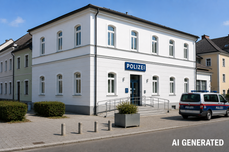 KI-generierte Illustration einer modernen Polizeidienststelle in einer europäischen Kleinstadt bei Tageslicht. Vor dem hellen Gebäude steht ein Polizeifahrzeug, die Atmosphäre ist sachlich und ruhig. Das Bild symbolisiert die Umnutzung von Adolf Hitlers ehemaligem Geburtshaus in Braunau am Inn zu einer Polizeiwache.