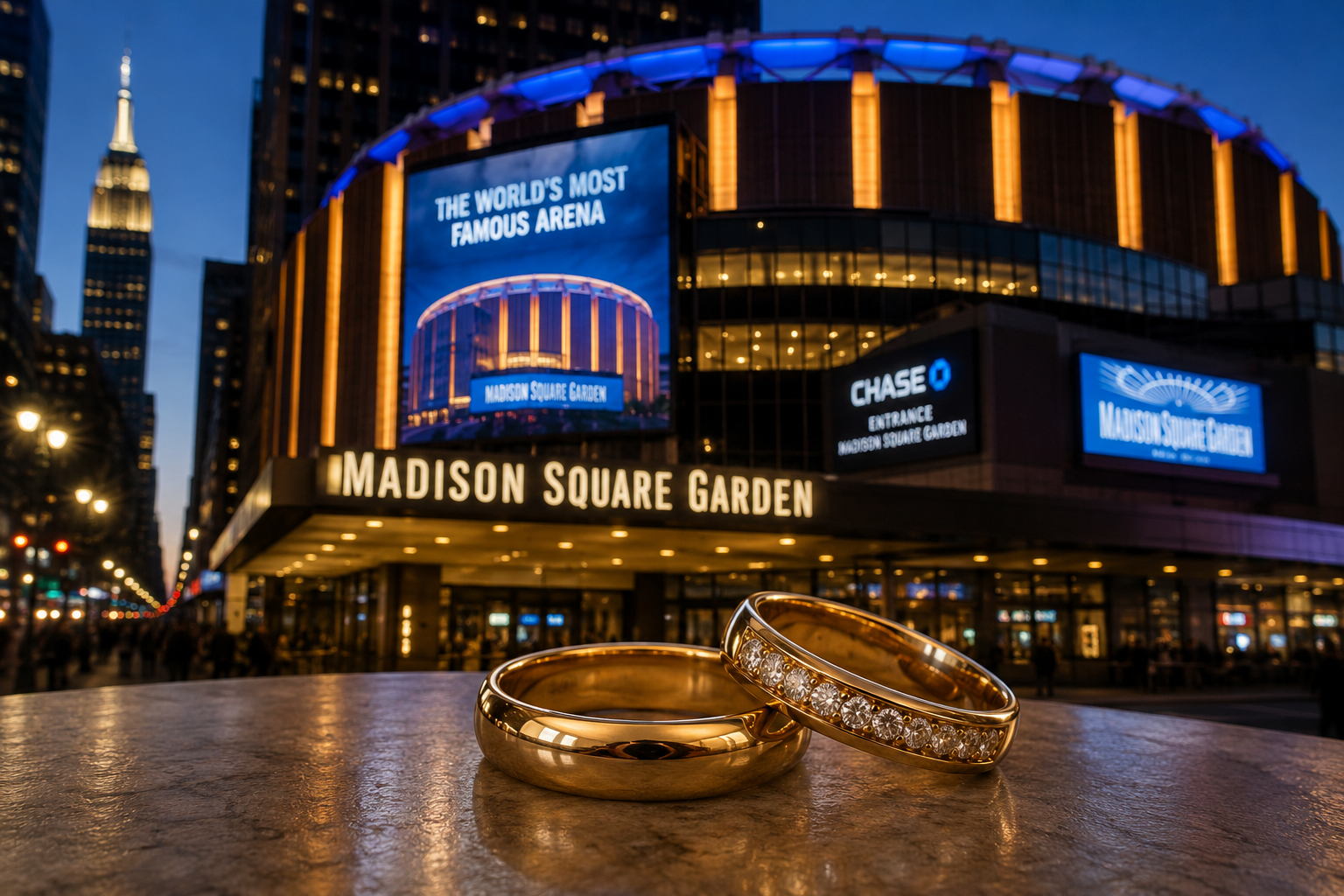 Zwei goldene Trauringe liegen im Vordergrund vor dem beleuchteten Madison Square Garden in New York. Die Arena erstrahlt in den Abendstunden, während die Ringe symbolisch für die Hochzeit von Taylor Swift und Travis Kelce stehen.