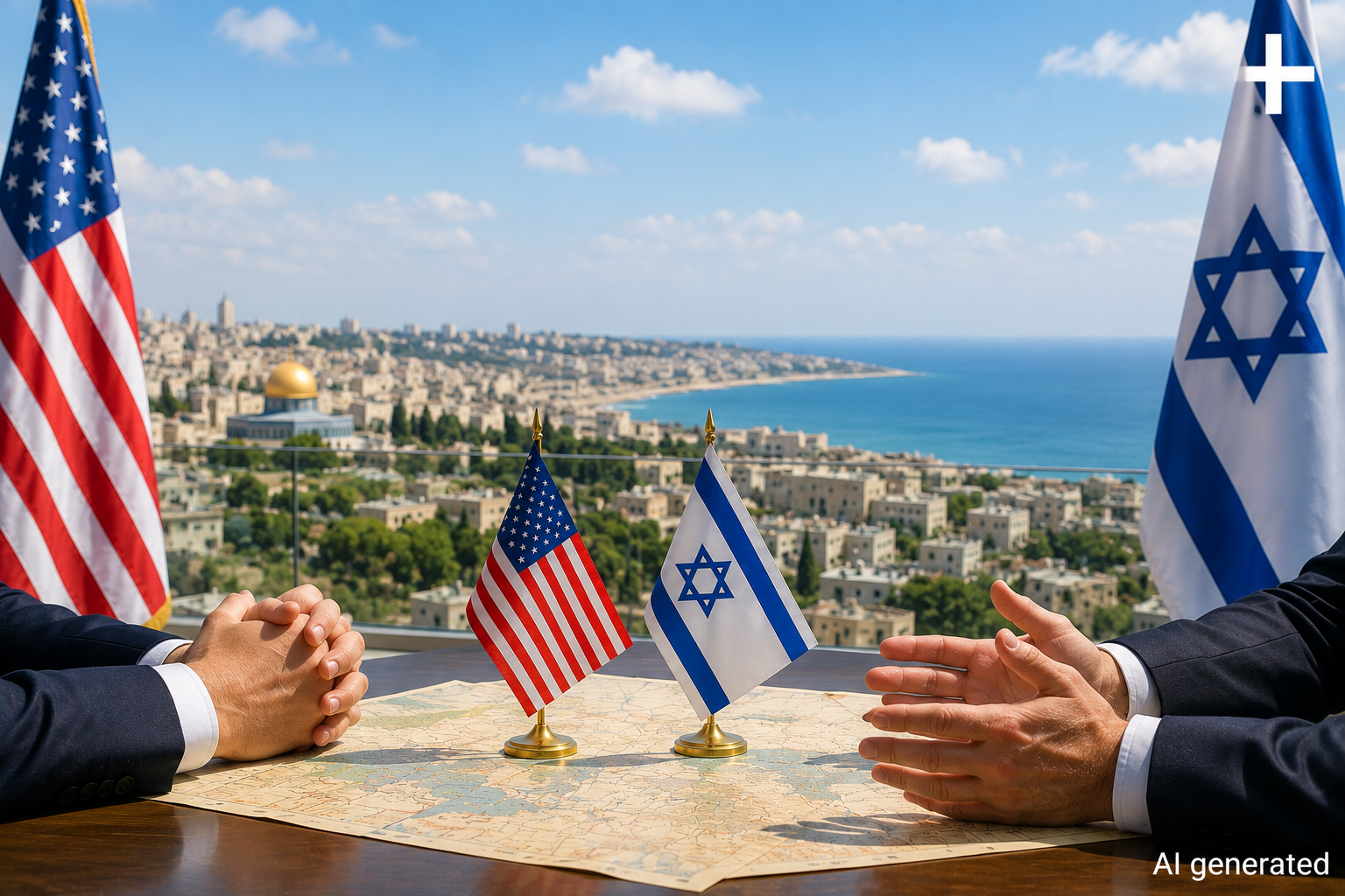 Symbolbild: Zwei Verhandlungspartner sitzen an einem Tisch mit den Flaggen der USA und Israels. Im Hintergrund sind eine Küstenstadt und das Mittelmeer bei Tageslicht zu sehen. Das Bild steht symbolisch für die diplomatischen Gespräche über die Zukunft des Gazastreifens. KI-generiertes Bild.