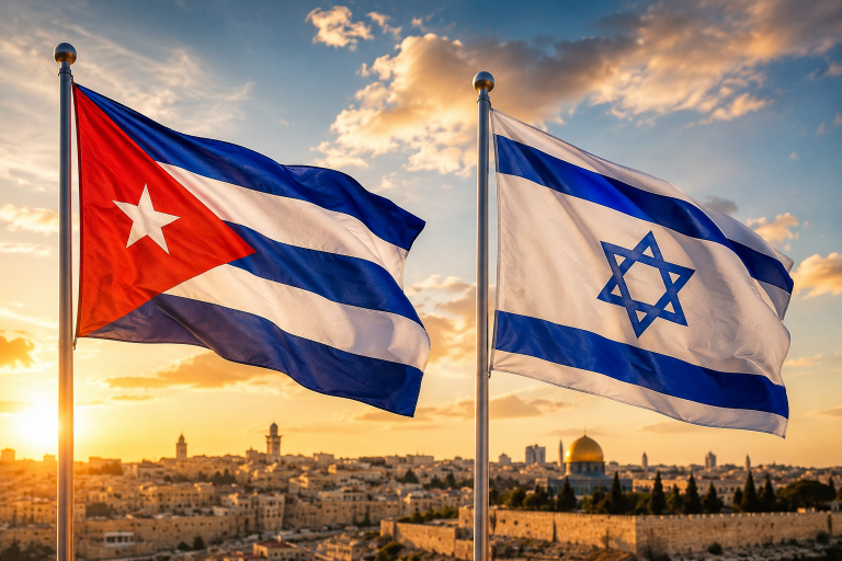 Die israelische und kubanische Flagge im Wind vor einem Sonnenuntergang