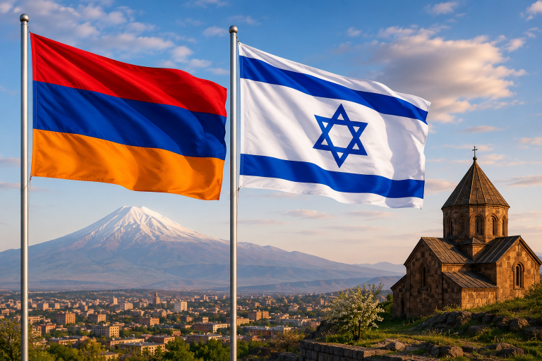 Die Flaggen Armeniens und Israels wehen nebeneinander vor dem Berg Ararat und einer historischen armenischen Kirche – symbolisches Bild für Hoffnung auf eine Annäherung der Beziehungen zwischen beiden Ländern.