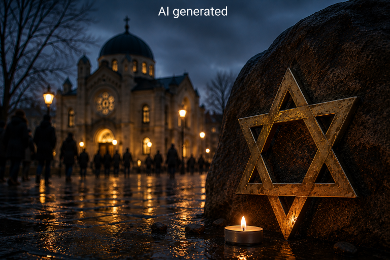 Abendliche Szene vor einer beleuchteten Synagoge. Im Vordergrund befinden sich ein metallener Davidstern und eine brennende Kerze. Im Hintergrund gehen Menschen über regennasses Pflaster. Das Bild wurde mit KI erstellt.