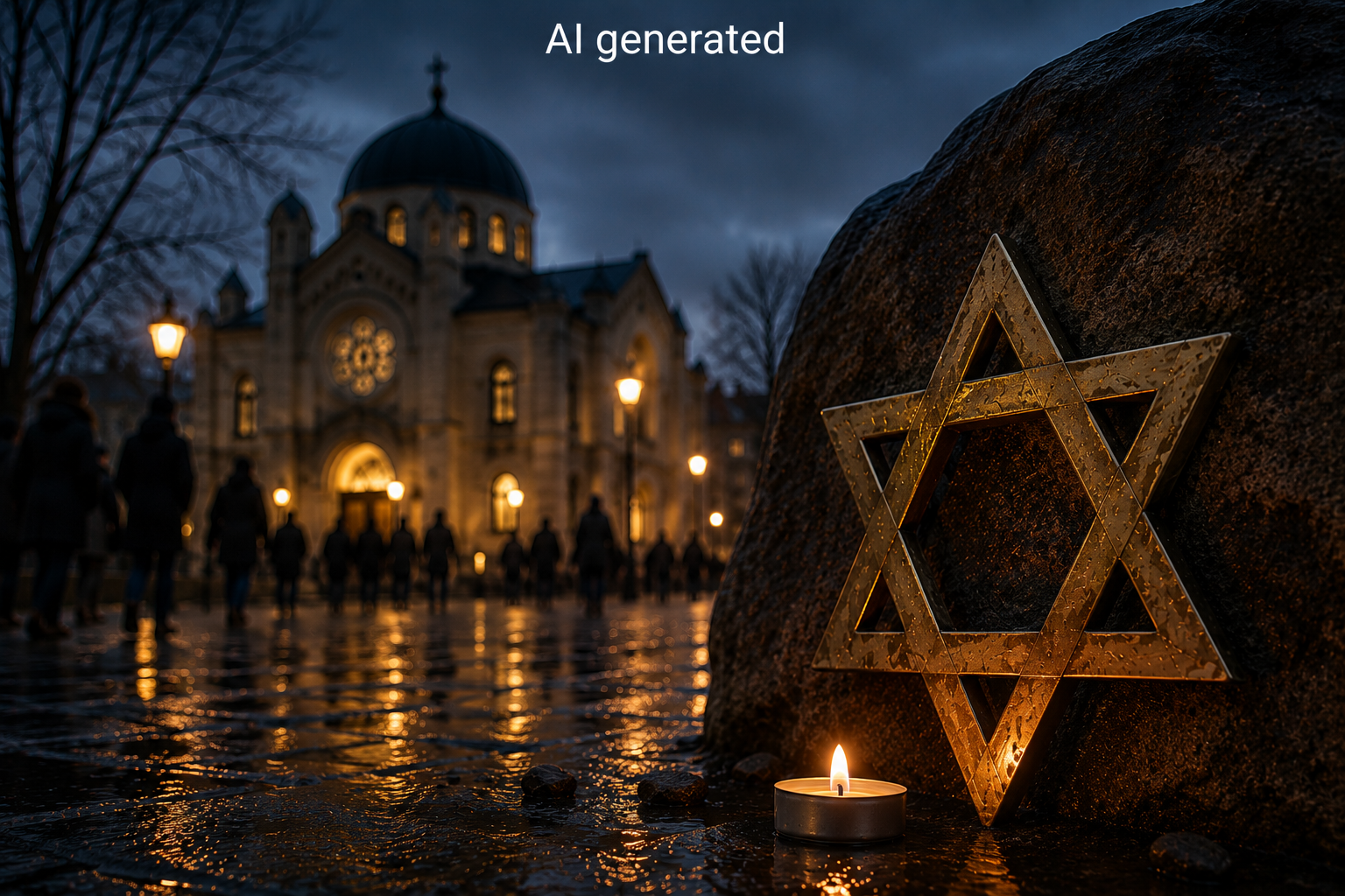 Abendliche Szene vor einer beleuchteten Synagoge. Im Vordergrund befinden sich ein metallener Davidstern und eine brennende Kerze. Im Hintergrund gehen Menschen über regennasses Pflaster. Das Bild wurde mit KI erstellt.